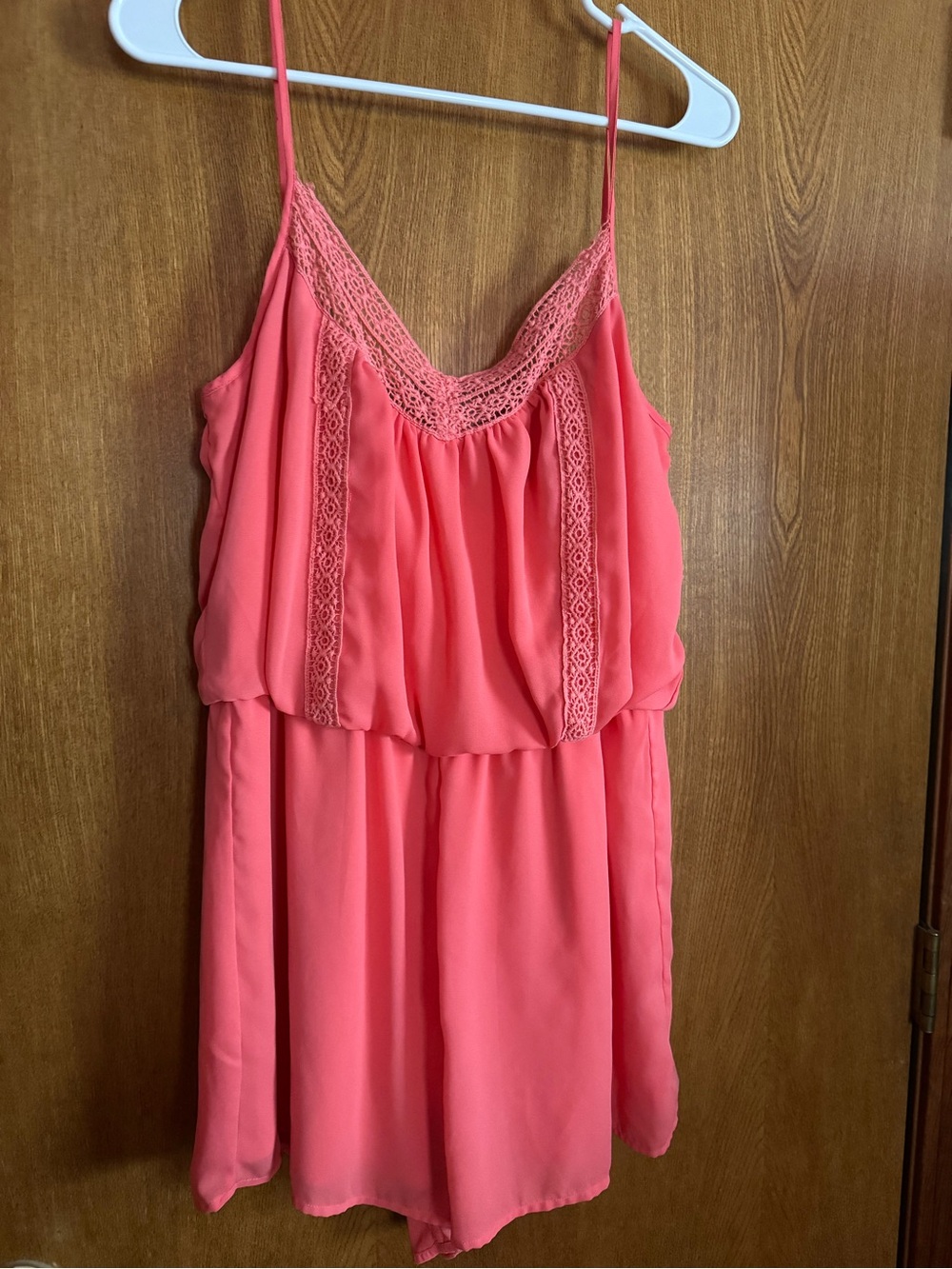 Women's City Triangles Coral Pink  Lace-Trim Blouson Romper Size XL